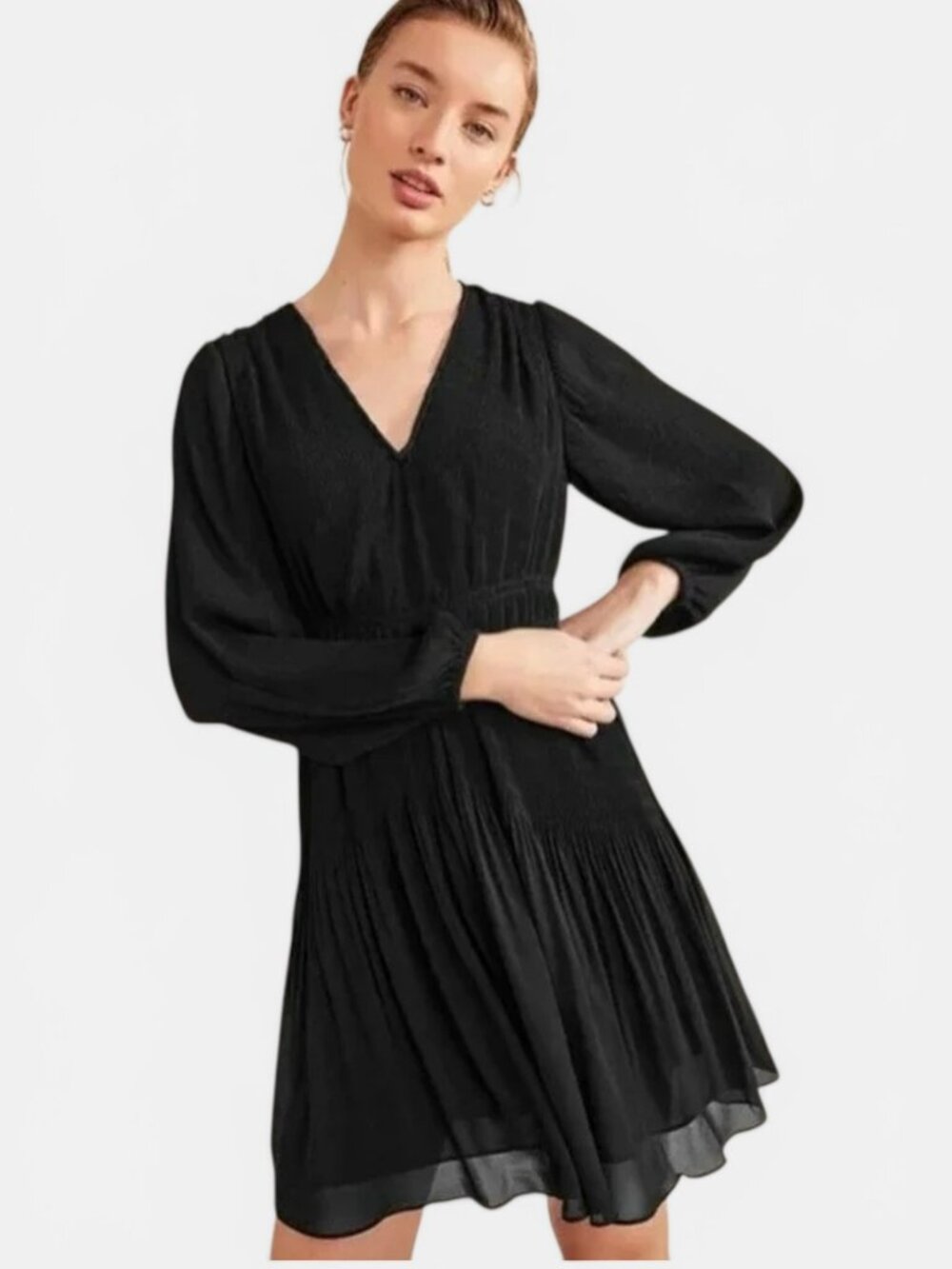 Boden Black Plisse V Neck Dress Size 12 Long Sleeve Flowy A Line Midi Dress